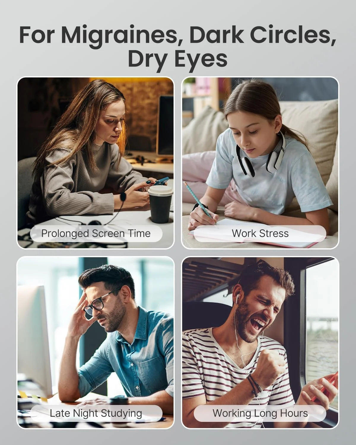 Eye Massager with Heat & Vibration – 5 Massage Modes, Bluetooth Music, Adjustable Headband, USB Rechargeable - Gray