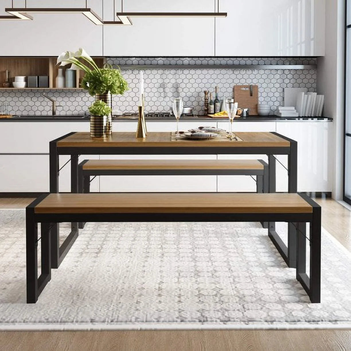 3-Piece Modern Industrial Dining Table Set with Benches, Multiple Colors