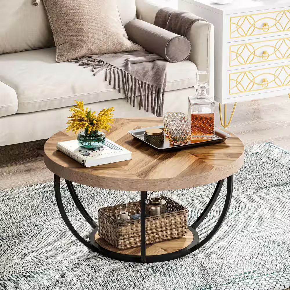 Cans 31.5 In. round Wood Coffee Table Modern Industrial Cocktail Table with Metal Frame for Living Room