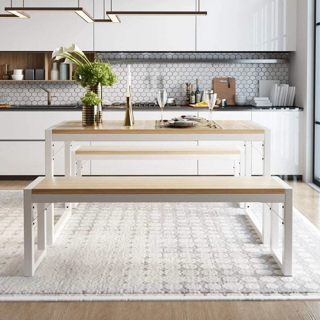 3-Piece Modern Industrial Dining Table Set with Benches, Multiple Colors