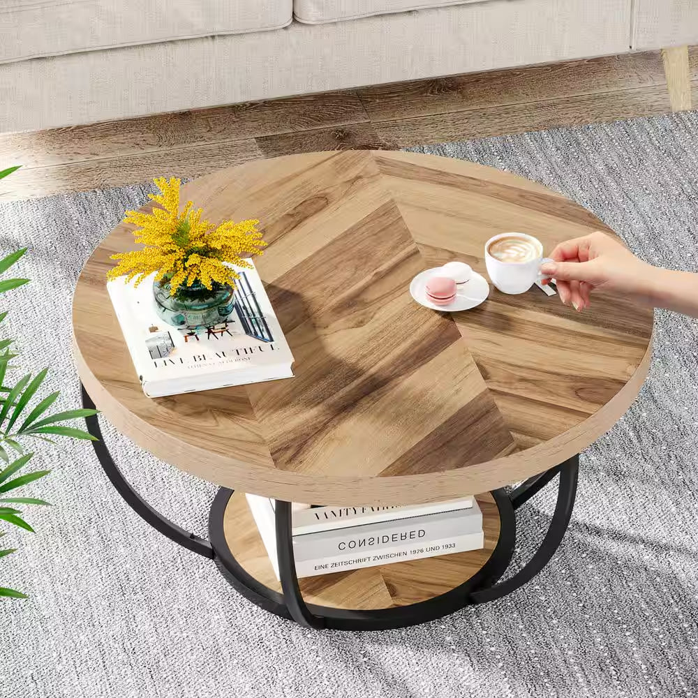Cans 31.5 In. round Wood Coffee Table Modern Industrial Cocktail Table with Metal Frame for Living Room