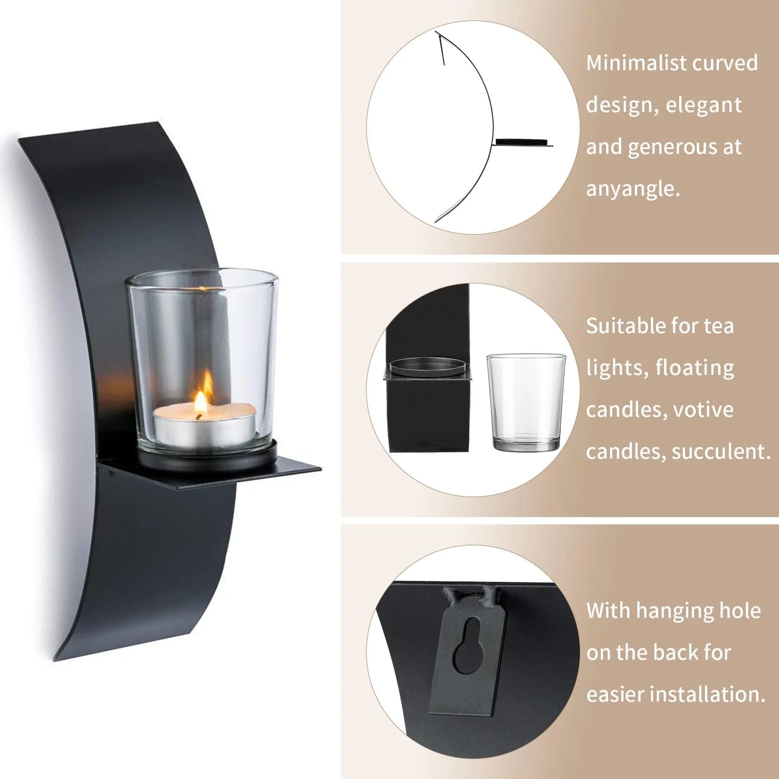Modern 2-Light Black Wall Sconces with Clear Glass Metallic Wall Mounted Candle for Decor