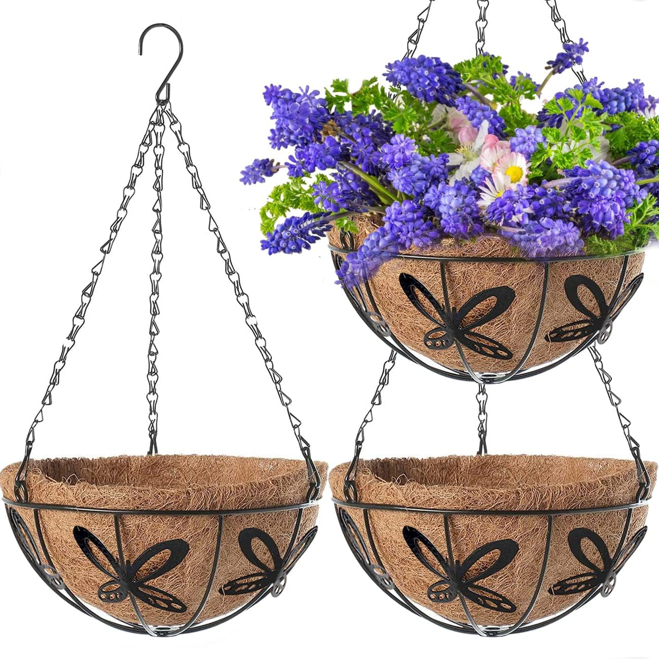 3 Packs 12 Inch Hanging Baskets Planter for Plants, Outdoor Hanging Plant Holder Decor Flower Pots Hanger Garden Decoration Indoor Watering Hanging Baskets (3 Pcs, 12Inch)