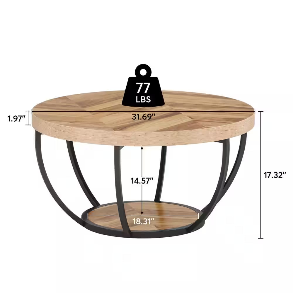 Cans 31.5 In. round Wood Coffee Table Modern Industrial Cocktail Table with Metal Frame for Living Room