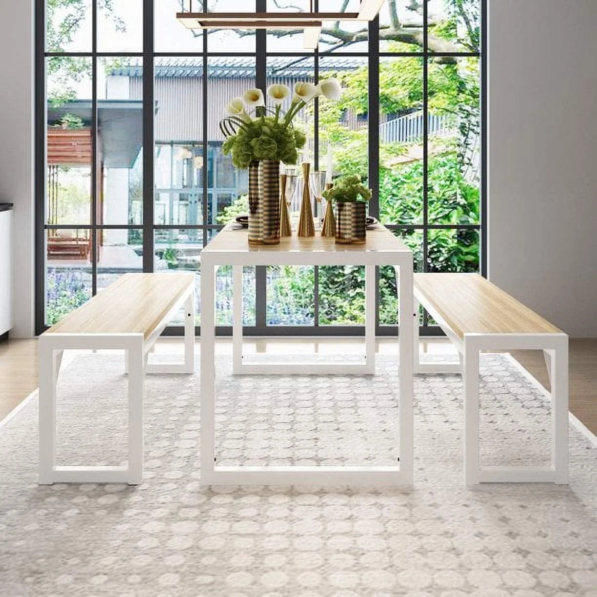 3-Piece Modern Industrial Dining Table Set with Benches, Multiple Colors