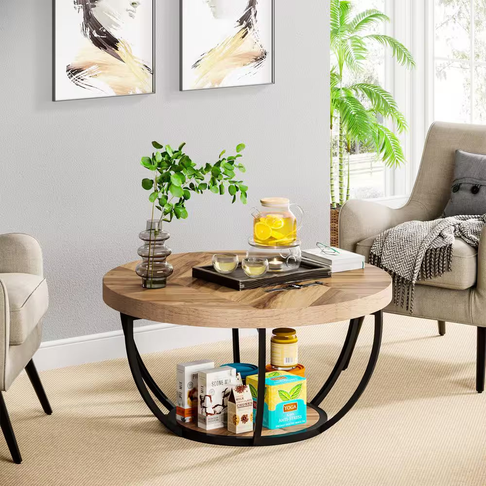 Cans 31.5 In. round Wood Coffee Table Modern Industrial Cocktail Table with Metal Frame for Living Room