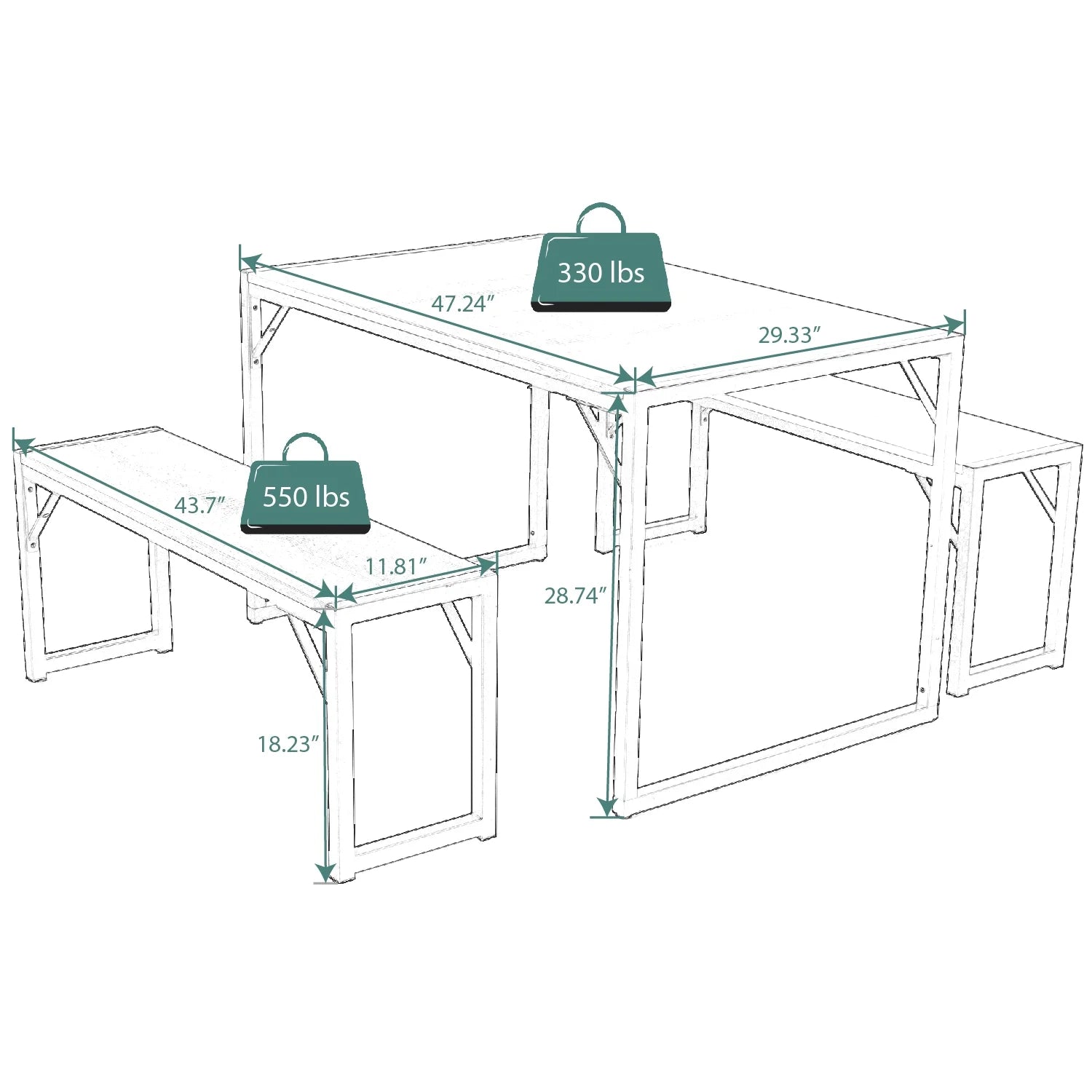3-Piece Modern Industrial Dining Table Set with Benches, Multiple Colors
