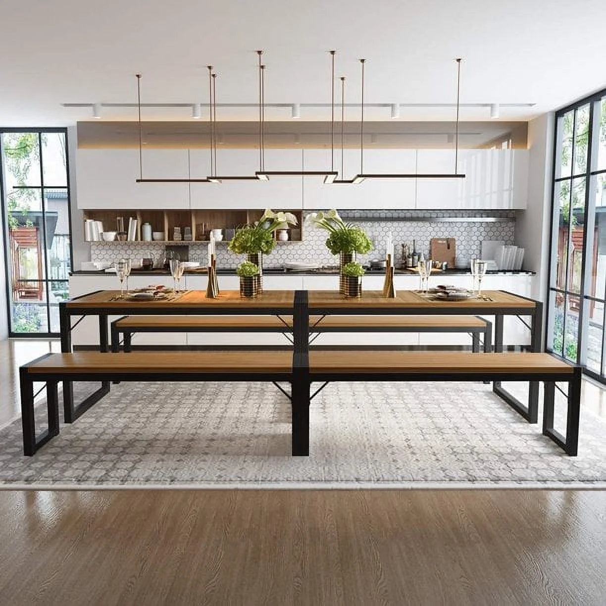 3-Piece Modern Industrial Dining Table Set with Benches, Multiple Colors