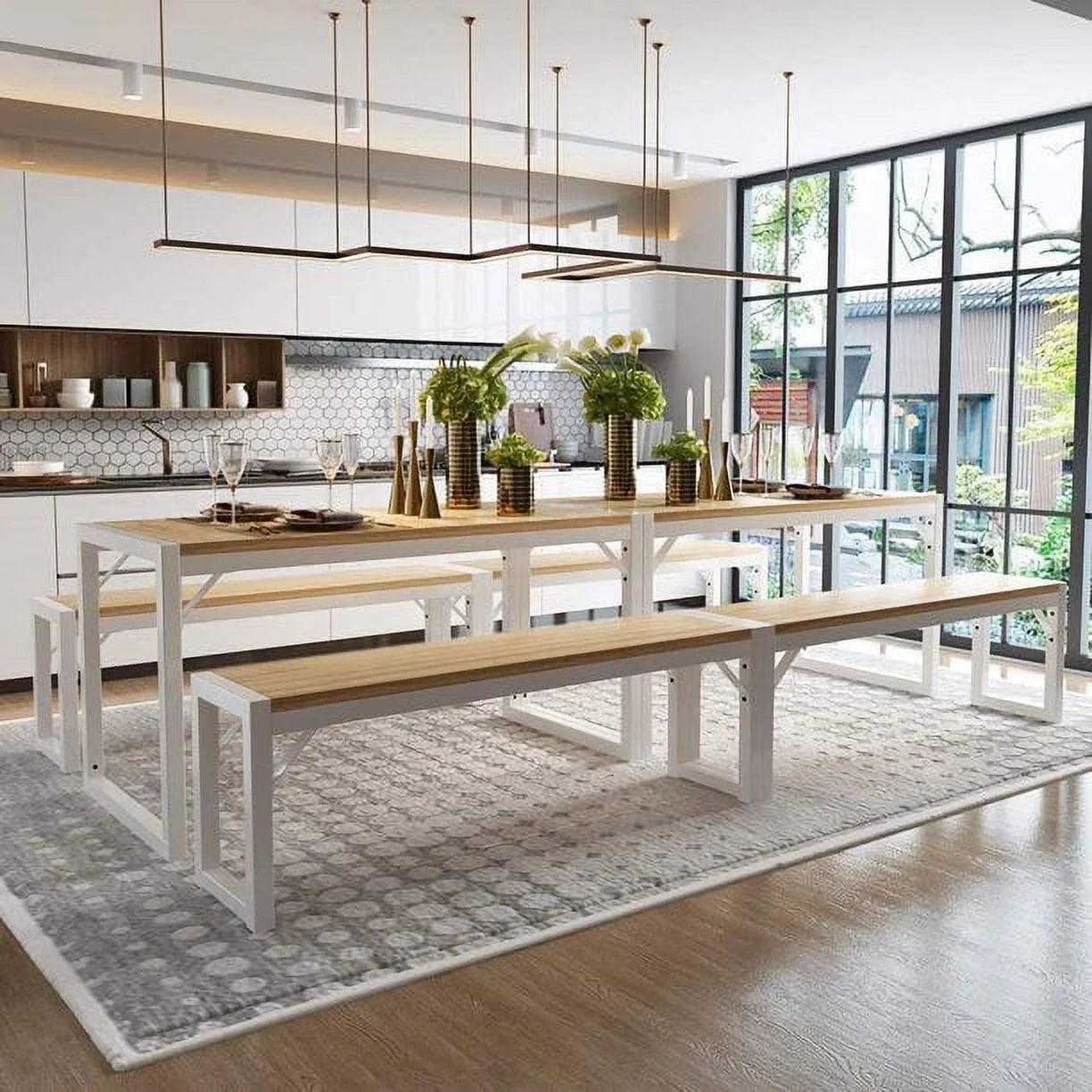 3-Piece Modern Industrial Dining Table Set with Benches, Multiple Colors