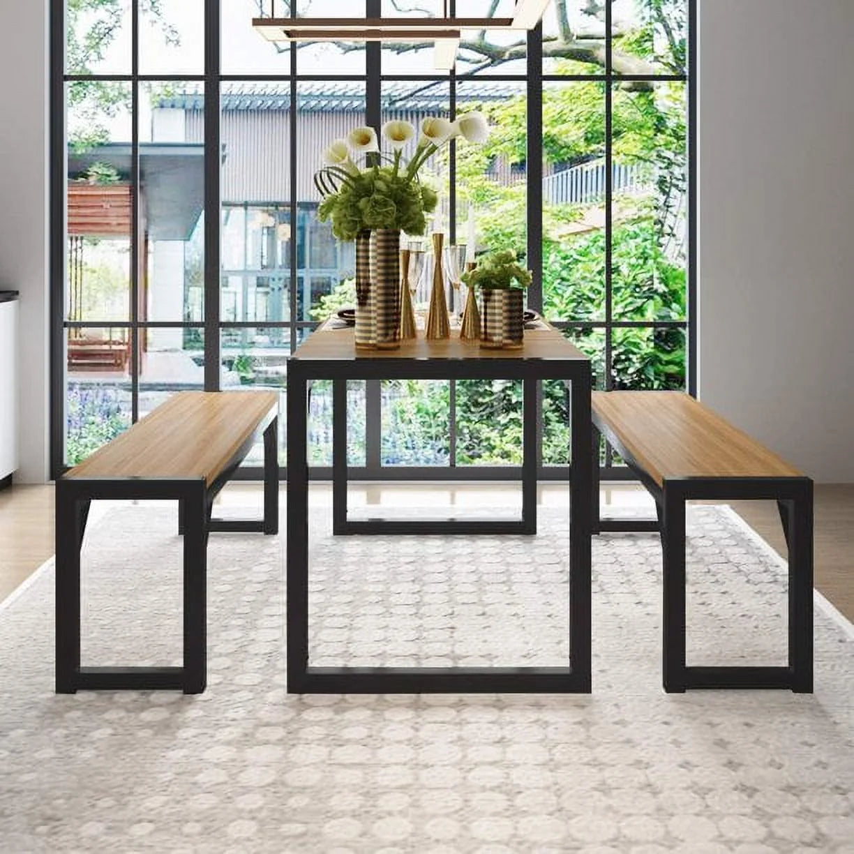 3-Piece Modern Industrial Dining Table Set with Benches, Multiple Colors