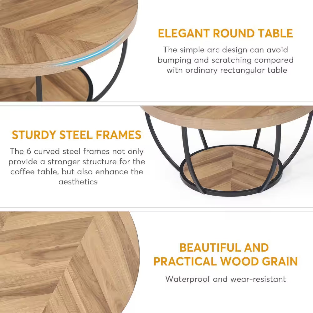 Cans 31.5 In. round Wood Coffee Table Modern Industrial Cocktail Table with Metal Frame for Living Room