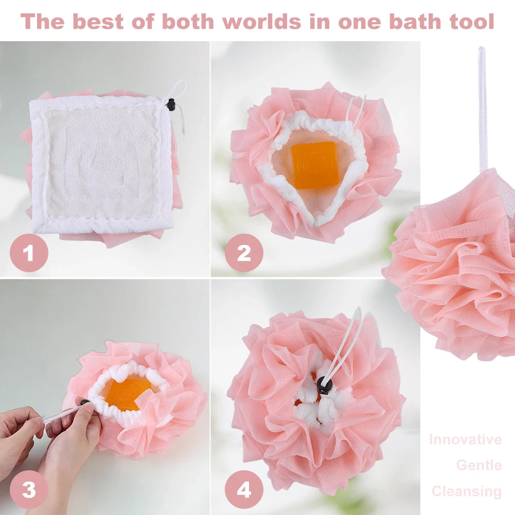 2 in 1 Bath Loofah Sponge with Drawstring Bath Ball Bath Loofah Shower Washcloth Set for Women Men