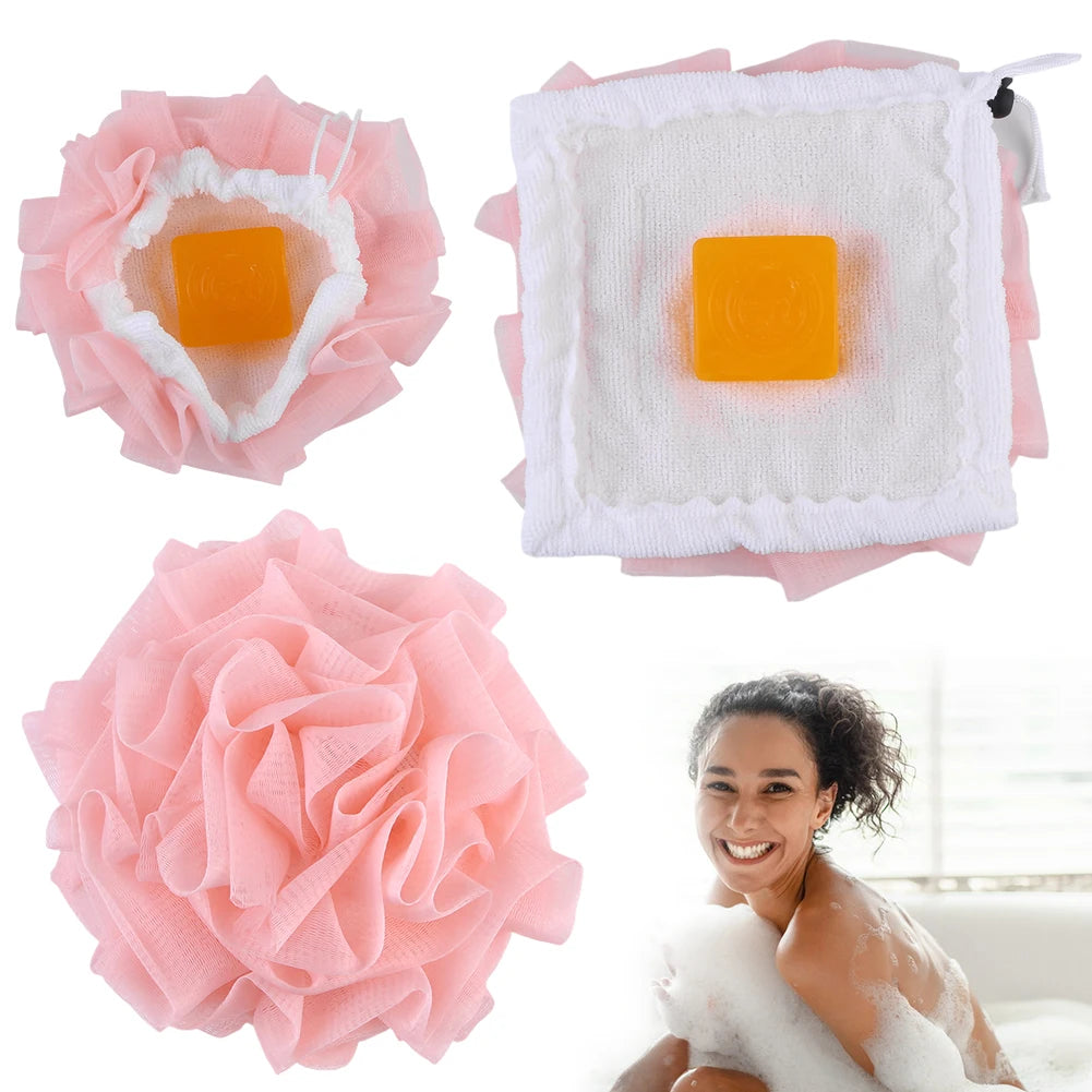 2 in 1 Bath Loofah Sponge with Drawstring Bath Ball Bath Loofah Shower Washcloth Set for Women Men