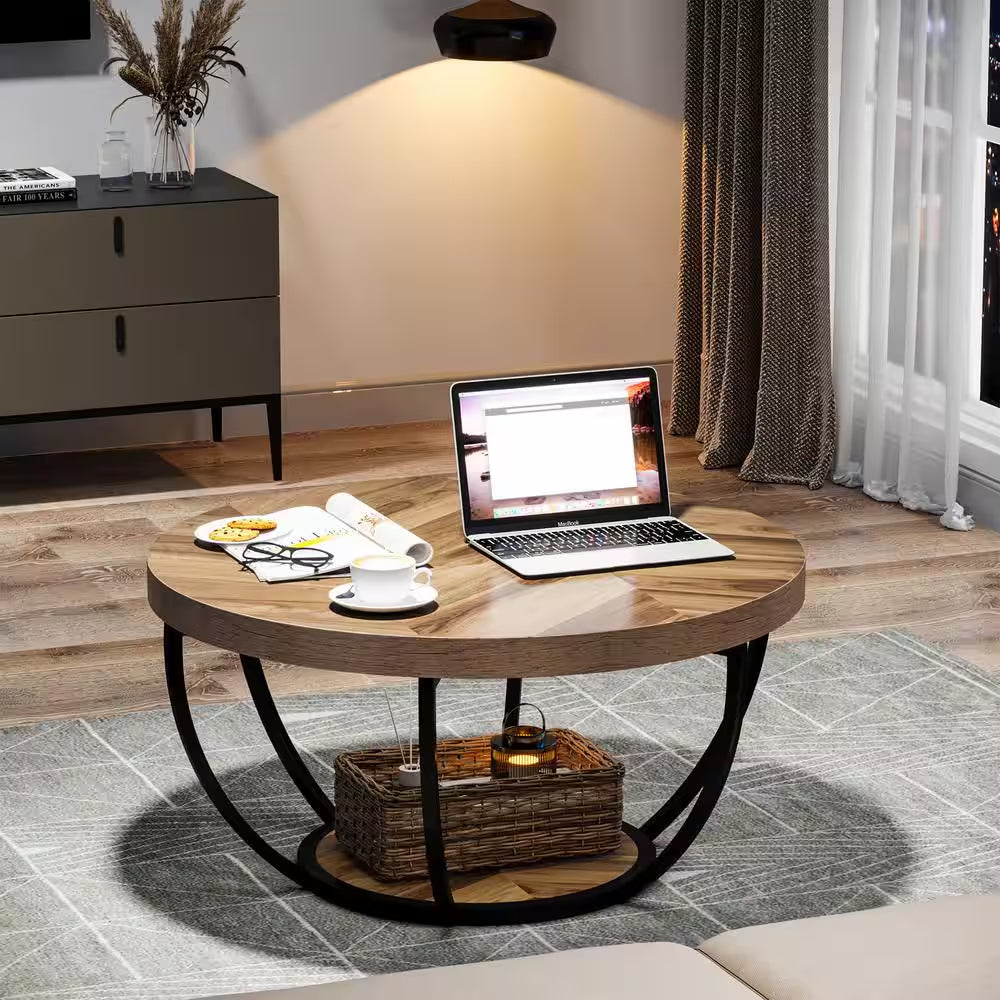 Cans 31.5 In. round Wood Coffee Table Modern Industrial Cocktail Table with Metal Frame for Living Room